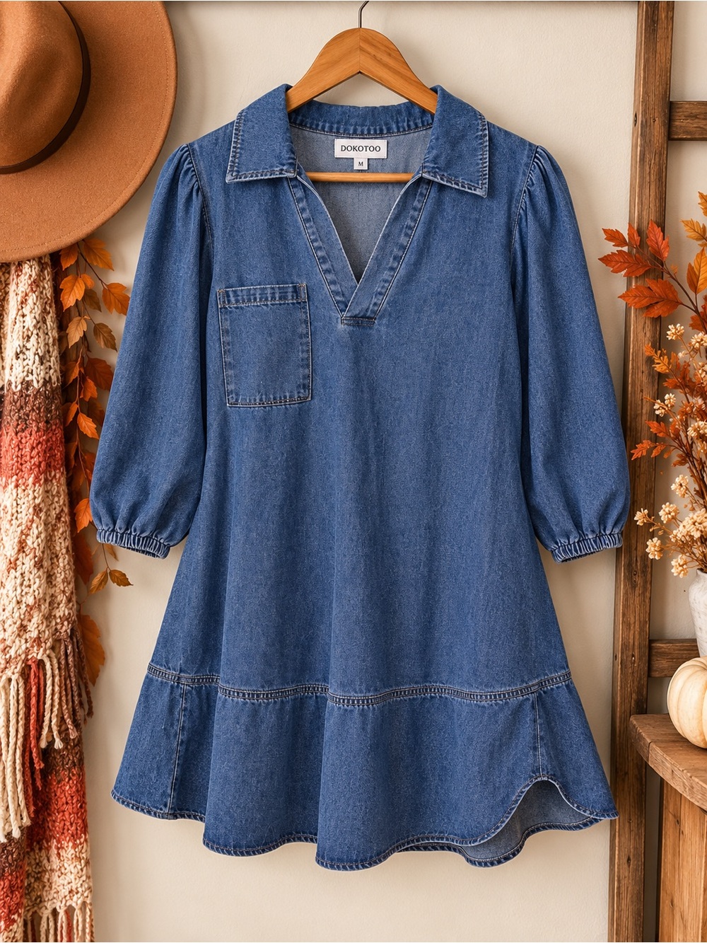 Dokotoo Denim Babydoll Dress Medium Puff Sleeve Fall Boho - Picture 1 of 6